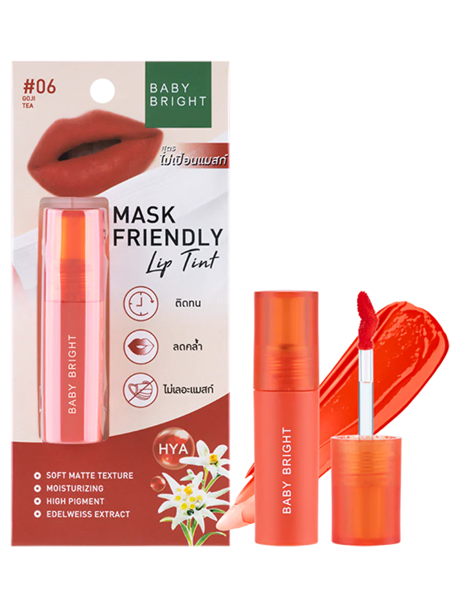 Baby Bright Mask Friendly Lip Tint 06 Goji Tea - Korean long-wearing non-transfer matte lip tint with Hyaluronic Acid